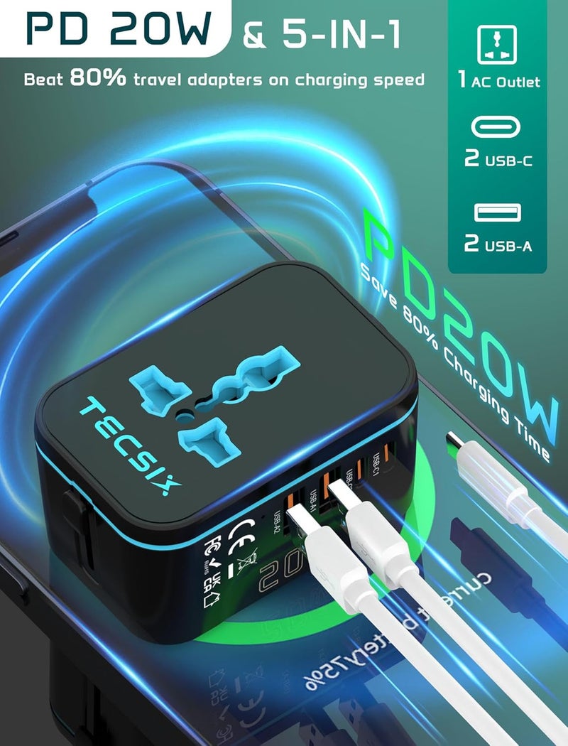TECSIX Universal Travel Adapter Worldwide PD 20W, International Power Adapter Fast Charging with 2 USB C, 2 USB A Multi Outlets, Gan Travel Plug Adaptor for EU US UK AUS 200+ Countries - Image 2